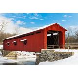 Gracie Oaks Red Covered Bridge w/ Snow - Wrapped Canvas Photograph Canvas, Wood in Blue/Red/White, Size 8.0 H x 12.0 W x 1.25 D in | Wayfair