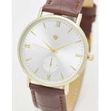 ASOS DESIGN unisex classic watch with white face and faux leather croc strap in brown