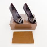 Gucci Shoes | Gucci Horsebit Pumps Burgundy Patent Size 8 Leather Brown Peep Toe High Heels | Color: Brown/Red | Size: 8