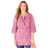 Plus Size Women's Liz&Me® Lace-Up Bell Sleeve Peasant Blouse by Liz&Me in Pink Burst Paisley (Size 0X)