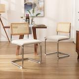 Zesthouse Rattan Dining Chairs Set of 2 Boucle Dining Chair with Chrome Legs and Cane Back Mid-Century Modern Side Chair for Kitchen White