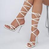 Women Minimalist Tie Leg Design Stiletto Heeled Strappy Sandals, Elegant Summer Heeled Sandals