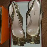 Kate Spade Shoes | Kate Spade Glitter Pumps Womens 9b Gold Bow Slingback Stiletto Heels Shoes | Color: Gold | Size: 9