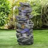 4-Tier Rock Water Fountain with LED Lights - Outdoor Water Fountain for Garden Patio Deck Porch - Yard Art Decor