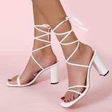 Women Tie Leg Design Chunky Heeled Strappy Sandals, Elegant Summer Heeled Sandals