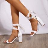 Women Tie Leg Design Chunky Heeled Strappy Sandals, Elegant Black Heeled Sandals