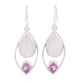 Dangle Earrings with Rainbow Moonstone and Amethyst