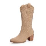 SHIBEVER Cowboy Boots for Women Pointed Toe Pull-On Cowgirl Boots Mid Calf Western Embroidered Booties Beige 8