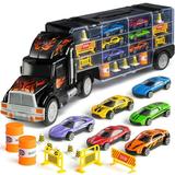 Toy Truck Transport Car Carrier - Toy Truck Includes 6 Toy Cars and Accessories - Toy Trucks Fits 28 Toy Car Slots - Great Car Toys Gift For Boys and Girls - Original By Play22USA