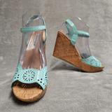 American Eagle Outfitters Shoes | American Eagle Sandals Womens 8.5 Blue Laser Cut Ankle Strap Cork Wedge Patent | Color: Blue | Size: 8.5