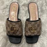 Gucci Shoes | Black Gucci Sandals. Gg Matelass Canvas Slide Sandal. Size 5 | Color: Black/Tan | Size: 5