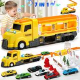 Hot Bee Car Carrier Truck for Kids Age 3-8 Sound & Light Transport 7 in 1 Vehicle Playset Racing Game w/ Launch Track