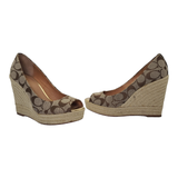 Coach Shoes | Coach Peep Toe Wedge Espadrille Sandal Jacquard Platform Heels Women's 7.5b | Color: Brown/Tan | Size: 7.5