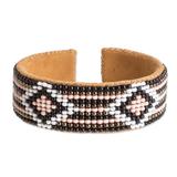Timeless Diamonds,'Black and Pink Glass Beaded Cuff Bracelet with Leather'