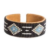 Altar Diamonds,'Black and Blue Glass Beaded Cuff Bracelet with Leather'