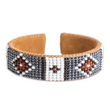 Ancestor Diamonds,'Black and Brown Glass Beaded Cuff Bracelet with Leather'
