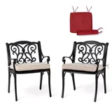 Glitzhome Set Of 2 Cast Aluminium Dining Chairs With Beige Cushions And Alternative Wine Red Cushion Covers, Olefin Fabric