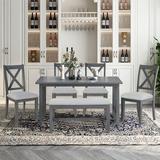 Gracie Oaks Swedesboro 6-Piece Dining Table Set Solid Wood, w/ Space Saving Foldable Table, Cushioned 4 Chairs & Bench Wood in Gray | Wayfair