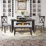 Gracie Oaks Swedesboro 6-Piece Dining Table Set Solid Wood, w/ Space Saving Foldable Table, Cushioned 4 Chairs & Bench Wood in Black | Wayfair