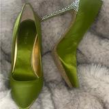 Nine West Shoes | Nine West Green Satin Rhinestone Encrusted Heeled Pumps Womens Size 9.5 New | Color: Green | Size: 9.5