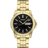 Seiko Men's Gold Tone Black Day Date Dial Dress Watch Sur358