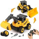 Construction Trucks for Boys - 2 in 1 RC Construction Vehicles - Take Apart Construction Toys - Remote Control Excavator and Bulldozer Toys for Boys Gift for 3 4 5 6 7 Year Old Boy & Kid