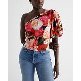 Floral Skimming One Shoulder Puff Sleeve Tee Red Women's XS