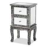Baxton Studio Wycliff Industrial Glam And Luxe Silver Finished Metal And Mirrored Glass 2-Drawer End Table