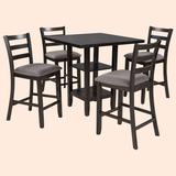 Red Barrel Studio® 5-Piece Wooden Counter Height Dining Set w/ Padded Chairs & Storage Shelving () Wood in Gray | Wayfair