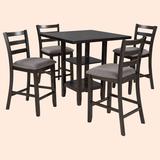 Red Barrel Studio® 5-Piece Wooden Counter Height Dining Set w/ Padded Chairs & Storage Shelving (Gray) Wood in Brown | Wayfair