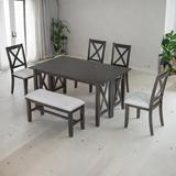 Rosalind Wheeler Gorney 6-Piece Family Dining Room Set Solid Wood Space Saving Foldable Table & 4 Chairs w/ Bench For Dining Room (Gray) Wood