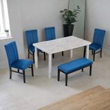 Red Barrel Studio® 6-Piece Dining Table Set w/ Marble Veneer Table & 4 Flannelette Upholstered Dining Chairs & Bench (White+Blue) Wood | Wayfair