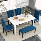 Red Barrel Studio® 6-Piece Dining Table Set w/ Marble Veneer Table & 4 Chairs & Bench Wood in Brown/White | Wayfair