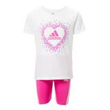 adidas Girls' Active Shorts WHITE - White Heart Logo Tee & Bright Pink Three-Stripe Bike Shorts - Toddler & Girls