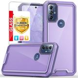 TJS for Motorola Moto G Play 2023 Case Moto G Pure (2021) / G Power 2022 Case with Tempered Glass Screen Protector Shockproof Hybrid TPU Bumper Hard PC Back Cover Phone Case (Purple)