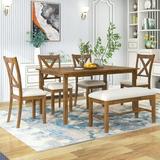 6 Piece Dining Table Set Modern Home Dining Set with Table Bench & 4 Cushioned Chairs Wood Rectangular Table and Chair Set Kitchen Table Set for Dining Room - Natural Cherry B2423