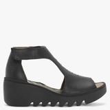 Bezo Black Leather Wedge Sandals - Black - Fly London Heels