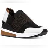 Michael Kors Shoes | New Michael Kors Felix Logo Mesh Sneakers Slip On Trainer Black Optic White | Color: Black/Brown | Size: 7.5