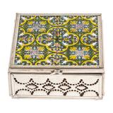 Forest Mansion,'Handcrafted Tin and Ceramic Jewelry Box in Green and Yellow'