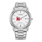 Men's Citizen Watch Silver Nebraska Huskers Eco-Drive White Dial Stainless Steel