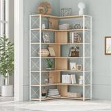 Latitude Run® 7-Tier Bookcase Home Office Bookshelf, L-Shaped Corner Bookcase w/ Metal Frame, Industrial Style Shelf w/ Open Storage, MDF Board Wood