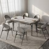 WOOD PEEK LLC Modern Simple Gray Folding Rock Plate Dining Table & Chair Combination, A Table w/ Six Chairs Metal/Upholstered Chairs in Gray/White