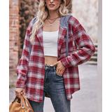 Vrkufie Women's Non-Denim Casual Jackets Red - Red Plaid Hooded Shacket - Women