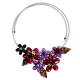 Amethyst and onyx flower necklace, 'Purple Red Bouquet'