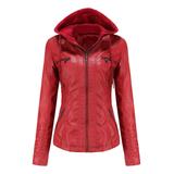 Vrkufie Women's Leather Jackets Red - Red Hooded Leather Moto Jacket - Women