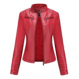 Vrkufie Women's Leather Jackets Red - Red Stand Collar Leather Moto Jacket - Women