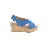 CL by Laundry Wedges: Slingback Platform Casual Blue Print Shoes - Women's Size 6 - Open Toe