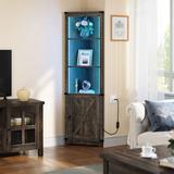 Gracie Oaks Aspenn 70"H Corner Bookcase w/ Colorful LED Light & Adjustable Storage Shelves Wood in Black/Brown, Size 66.93 H x 11.81 W x 11.81 D in