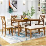 Gracie Oaks 6-Piece Kitchen Dining Table Set Wooden Rectangular Dining Table, 4 Fabric Chairs & Bench Family Furniture | Wayfair
