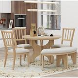 Red Barrel Studio® 5-Piece Dining Table Set, 44" Round Dining Table w/ Curved Bench & Side Chairs For 4-5 People For Dining Room & Kitchen in Brown